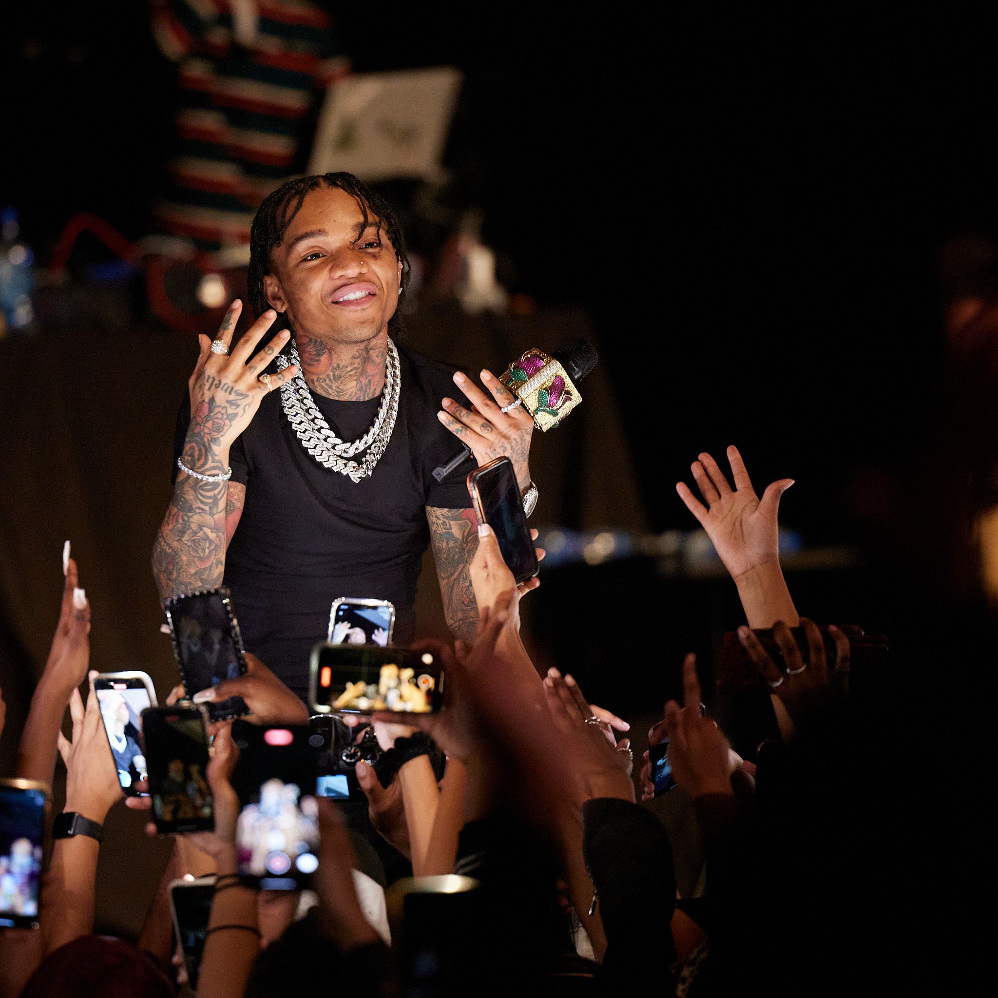 Rapper Swae Lee interacts with fans during a performance at Howard University's Yard Fest on October 22nd, 2021.